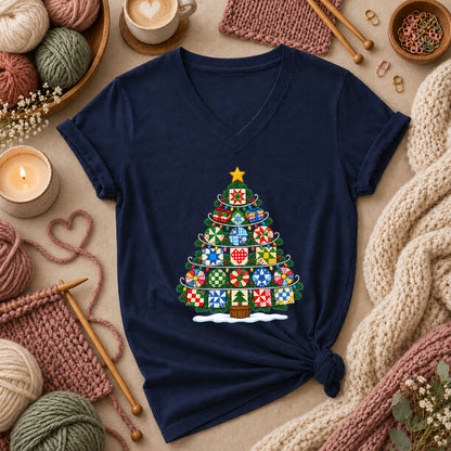 Quilt Block Christmas Tree With Star Topper Women's V-Neck - Navy