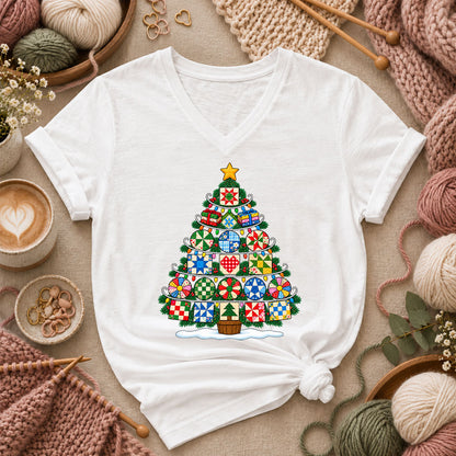 Quilt Block Christmas Tree With Star Topper Women's V-Neck - White