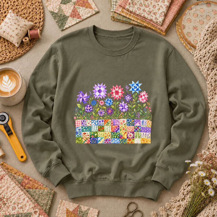 Quilt Block Flower Garden Long Sleeve - Military Green