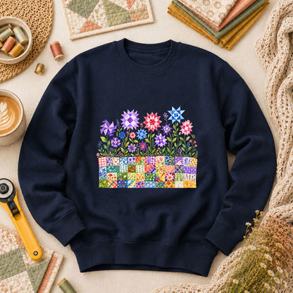 Quilt Block Flower Garden Long Sleeve - Navy
