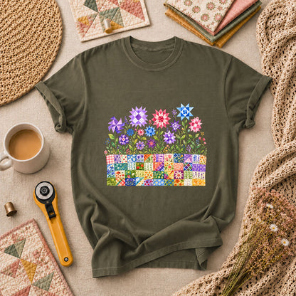 Quilt Block Flower Garden T-Shirt - Military Green