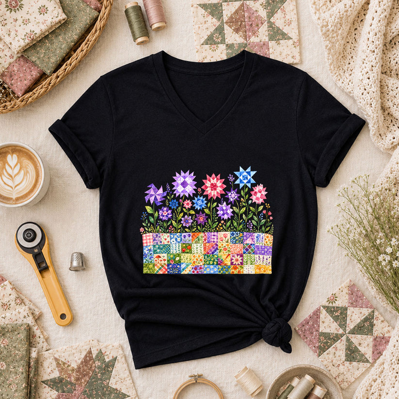 Quilt Block Flower Garden Women's V-Neck - Black