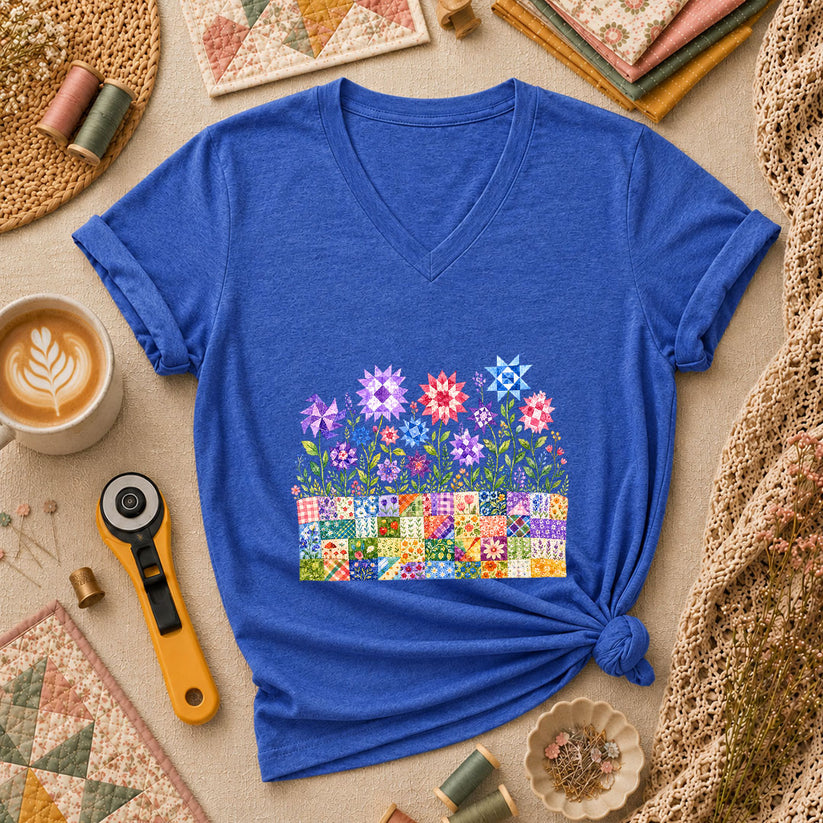 Quilt Block Flower Garden Women's V-Neck - Heather True Royal