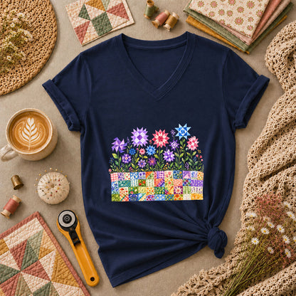 Quilt Block Flower Garden Women's V-Neck - Navy