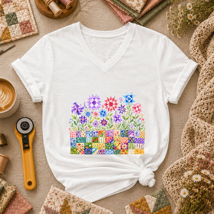 Quilt Block Flower Garden Women's V-Neck - White