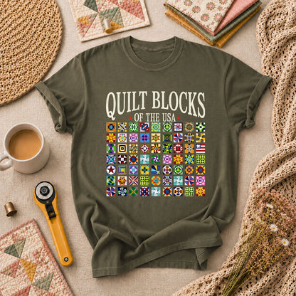Quilt Blocks Of The USA T-Shirt - Military Green