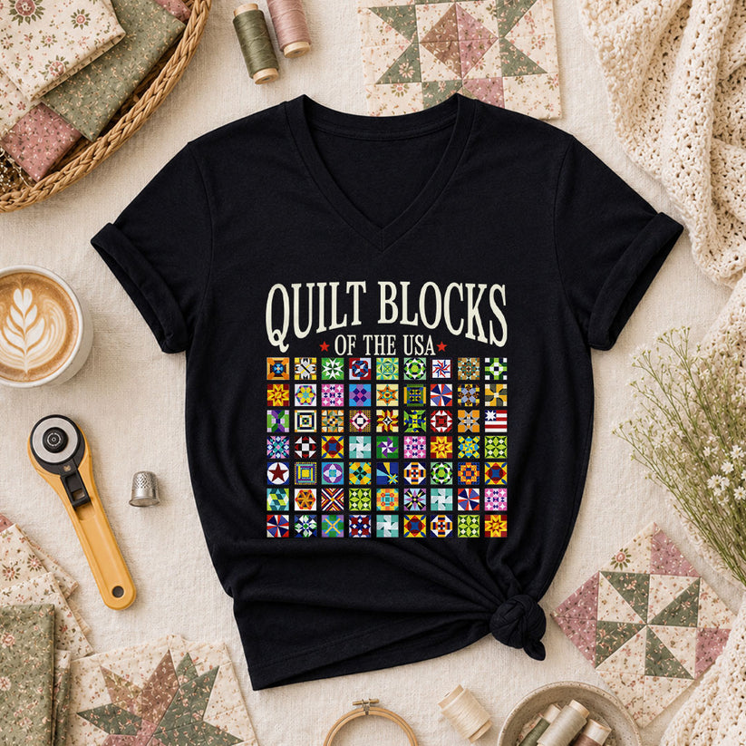 Quilt Blocks Of The USA Women's V-Neck - Black
