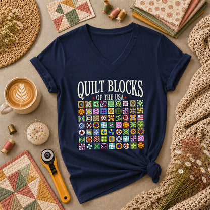 Quilt Blocks Of The USA Women's V-Neck - Navy