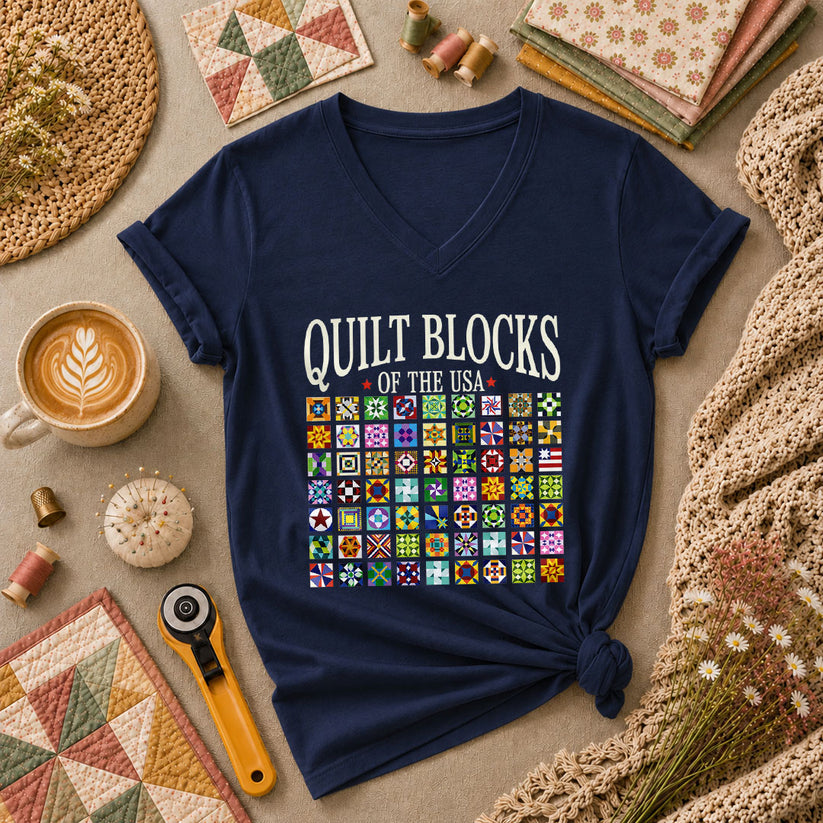 Quilt Blocks Of The USA Women's V-Neck - Navy