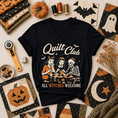 Quilt Club All Witches Welcome Women's V-Neck - Black