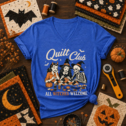 Quilt Club All Witches Welcome Women's V-Neck - Heather True Royal
