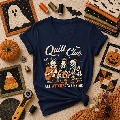 Quilt Club All Witches Welcome Women's V-Neck - Navy