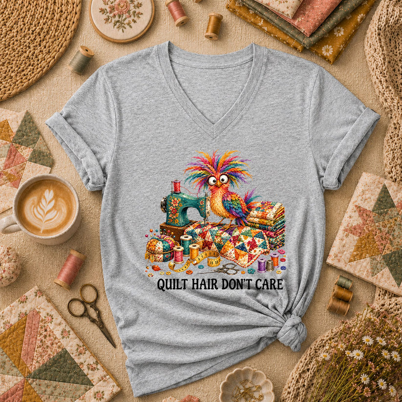 Quilt Hair Don't Care Wild Bird Women's V-Neck - Athletic Heather