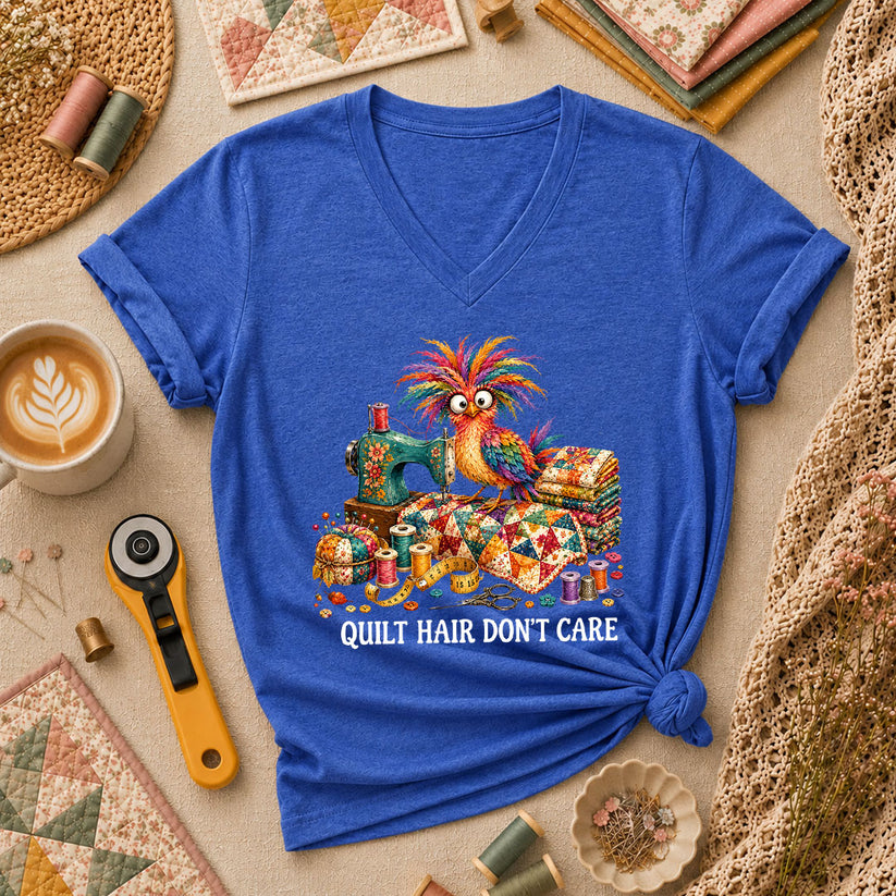 Quilt Hair Don't Care Wild Bird Women's V-Neck - Heather True Royal
