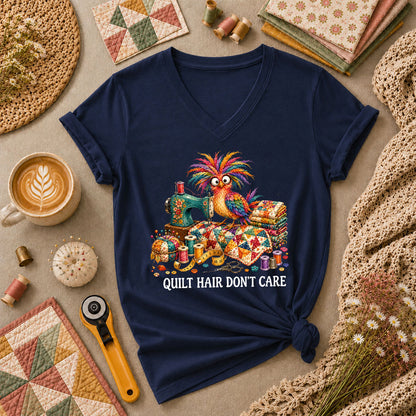 Quilt Hair Don't Care Wild Bird Women's V-Neck - Navy