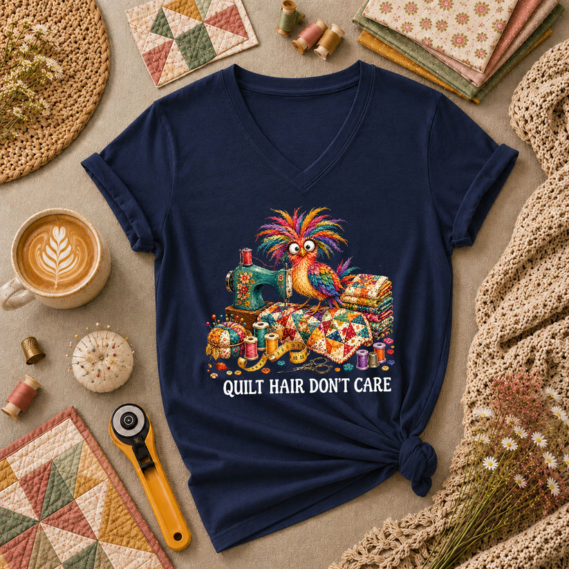 Quilt Hair Don't Care Wild Bird Women's V-Neck - Navy