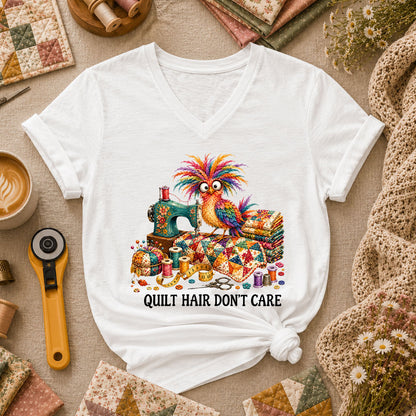 Quilt Hair Don't Care Wild Bird Women's V-Neck - White