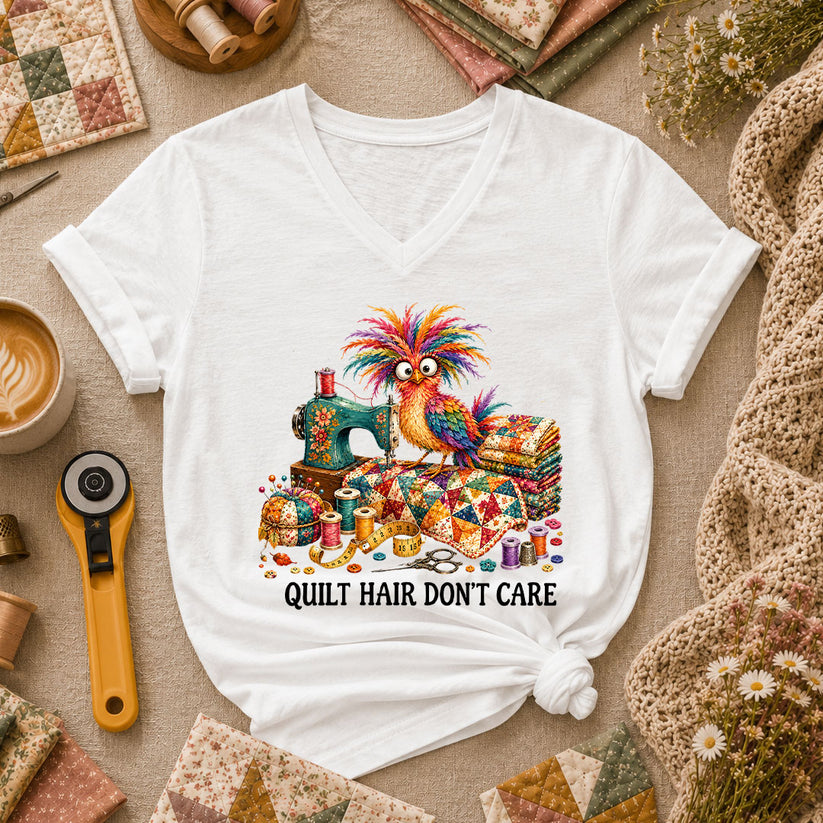 Quilt Hair Don't Care Wild Bird Women's V-Neck - White