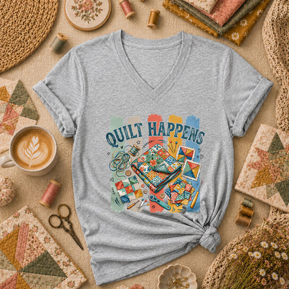 Quilt Happens Vintage Women's V-Neck - Athletic Heather