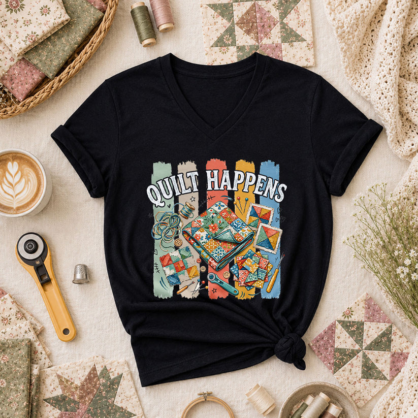 Quilt Happens Vintage Women's V-Neck - Black