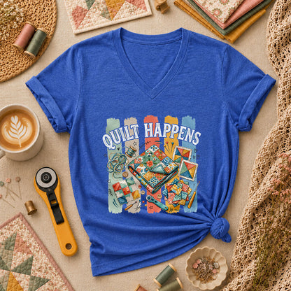 Quilt Happens Vintage Women's V-Neck - Heather True Royal