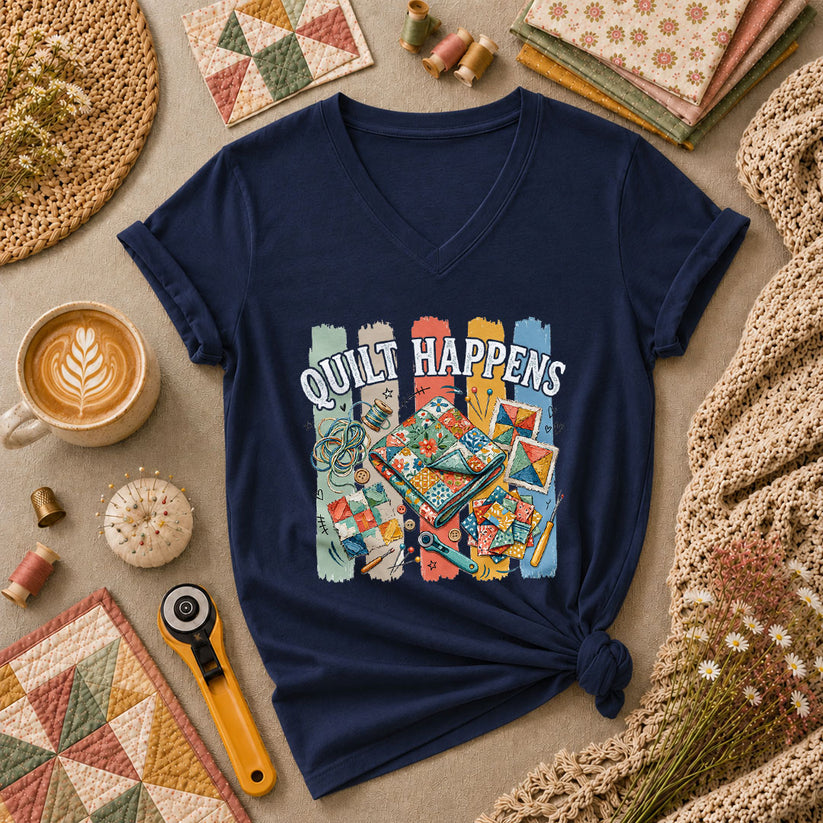 Quilt Happens Vintage Women's V-Neck - Navy