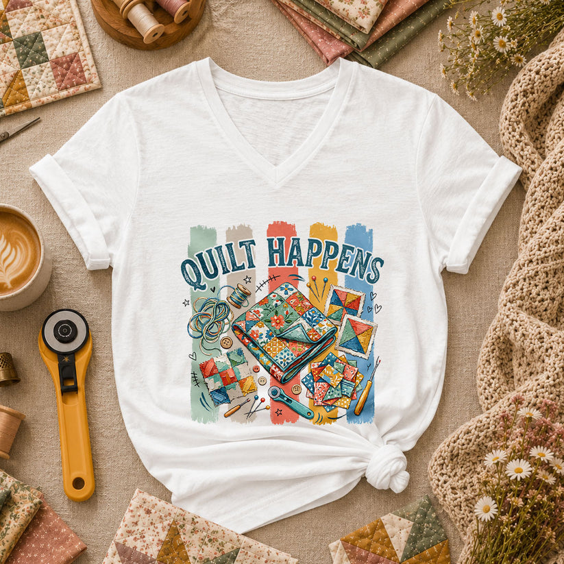 Quilt Happens Vintage Women's V-Neck - White