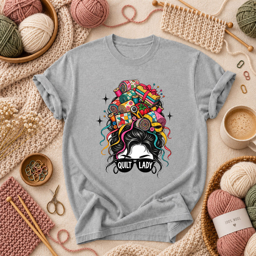 Quilt Lady Messy Bun With Fabric Hair T-Shirt - Athletic Heather