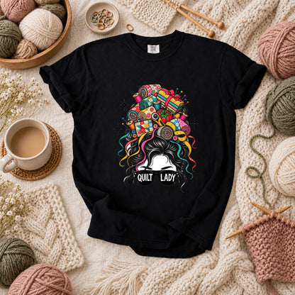 Quilt Lady Messy Bun With Fabric Hair T-Shirt - Black