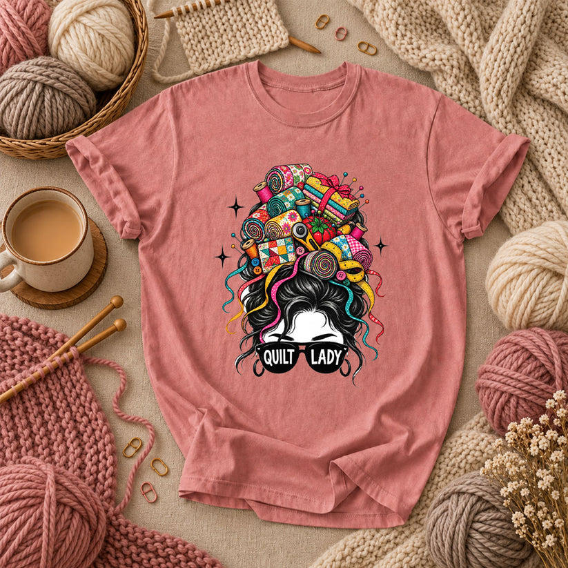 Quilt Lady Messy Bun With Fabric Hair T-Shirt - Heather Mauve
