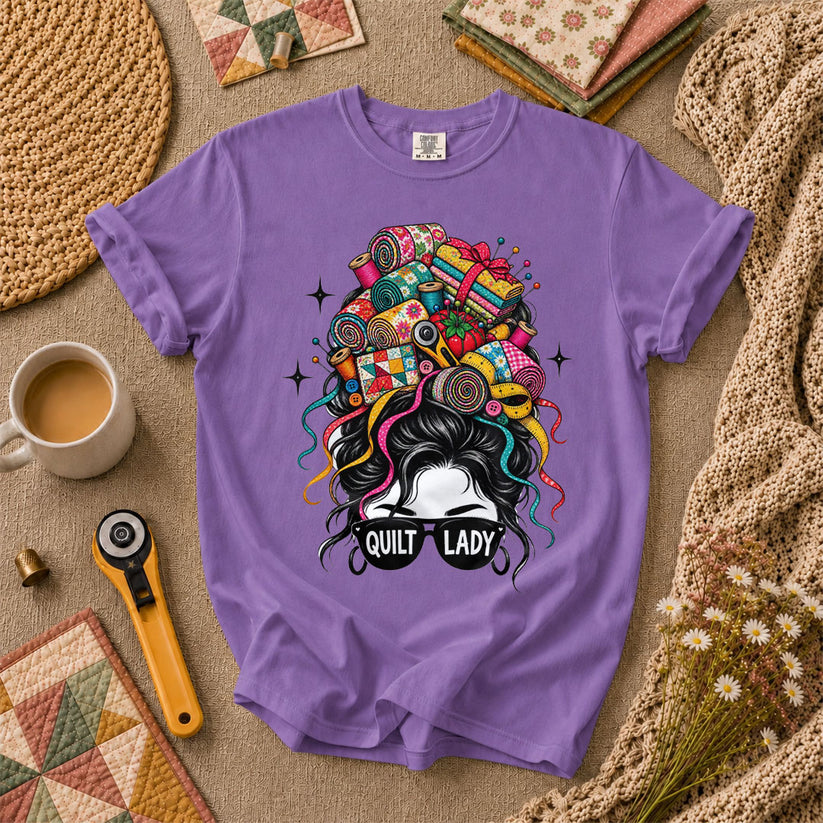 Quilt Lady Messy Bun With Fabric Hair T-Shirt - Heather Team Purple