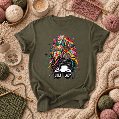 Quilt Lady Messy Bun With Fabric Hair T-Shirt - Military Green