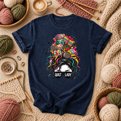Quilt Lady Messy Bun With Fabric Hair T-Shirt - Navy