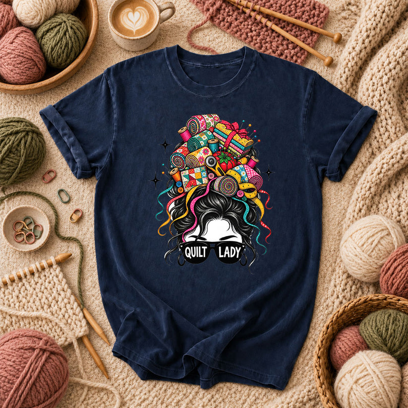 Quilt Lady Messy Bun With Fabric Hair T-Shirt - Navy