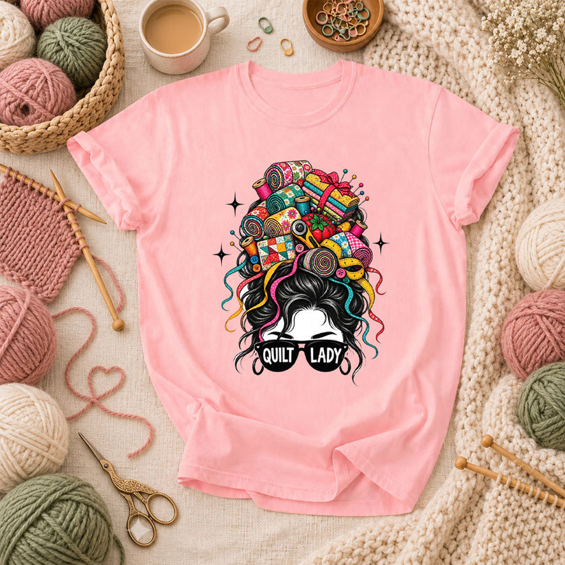 Quilt Lady Messy Bun With Fabric Hair T-Shirt - Pink