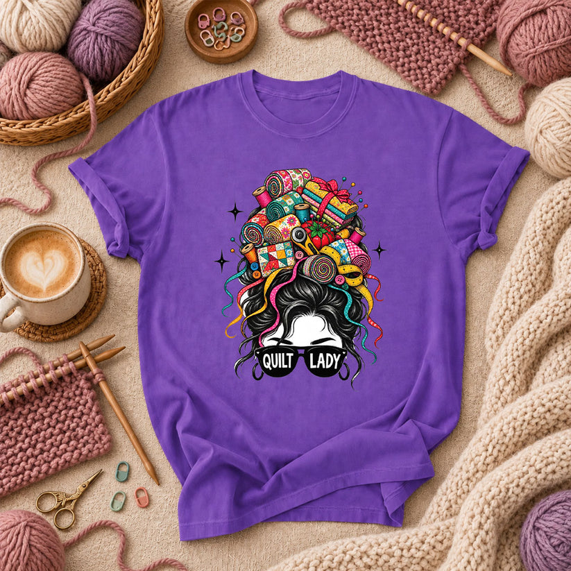 Quilt Lady Messy Bun With Fabric Hair T-Shirt - Purple