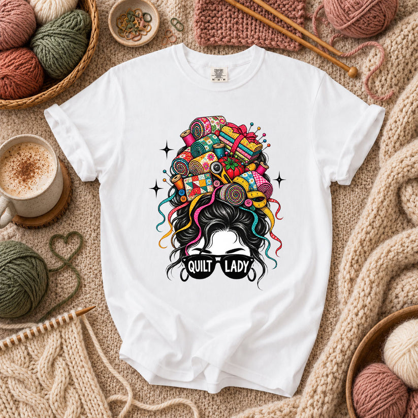 Quilt Lady Messy Bun With Fabric Hair T-Shirt - White