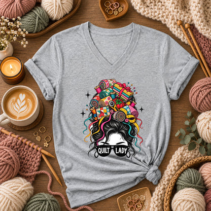 Quilt Lady Messy Bun With Fabric Hair Women's V-Neck - Athletic Heather