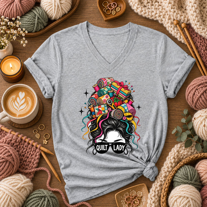 Quilt Lady Messy Bun With Fabric Hair Women's V-Neck - Athletic Heather
