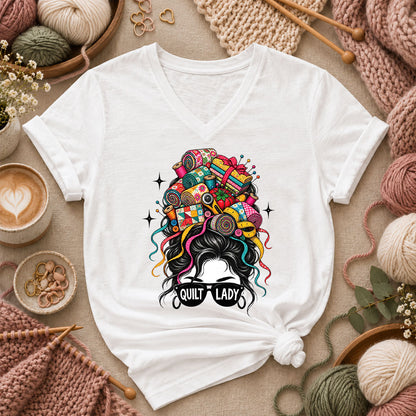 Quilt Lady Messy Bun With Fabric Hair Women's V-Neck - White
