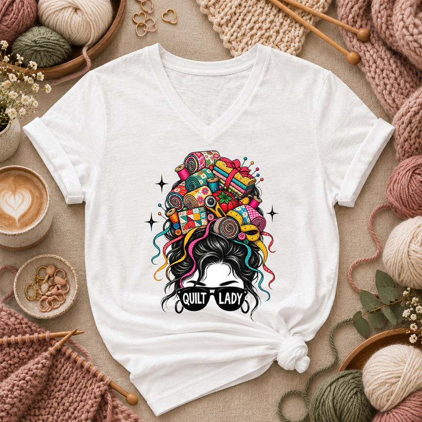 Quilt Lady Messy Bun With Fabric Hair Women's V-Neck - White