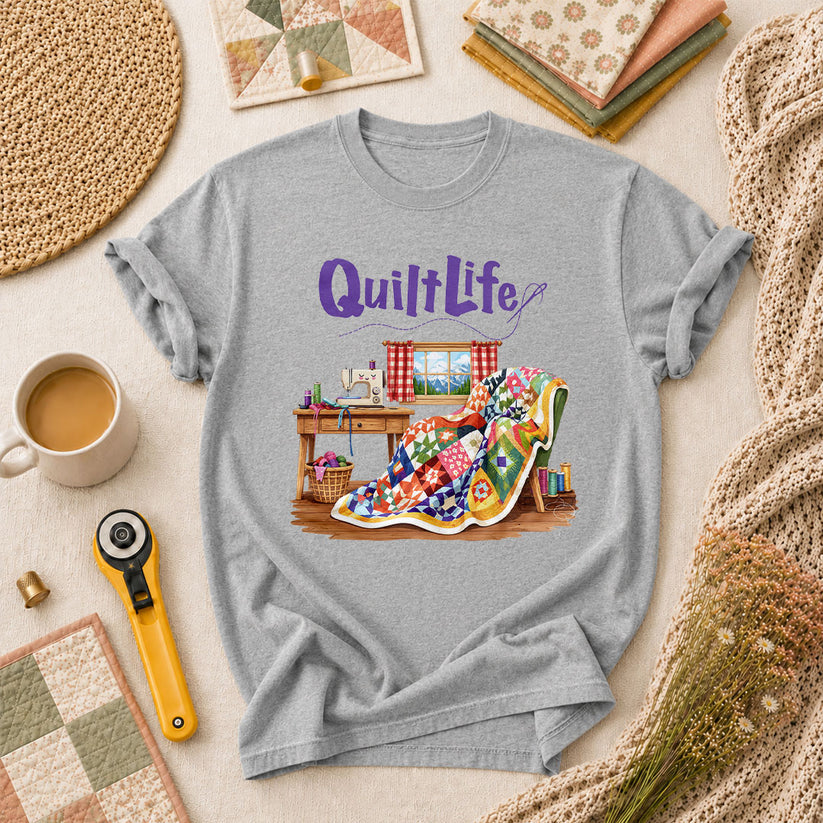Quilt Life Cozy Sewing Machine Patchwork T-Shirt - Athletic Heather
