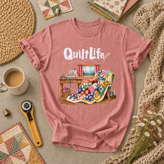 Quilt Life Cozy Sewing Machine Patchwork T-Shirt - Heather Mauve