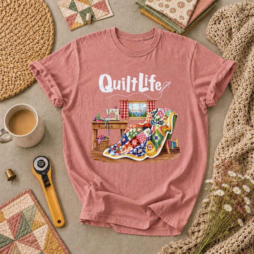 Quilt Life Cozy Sewing Machine Patchwork T-Shirt - Heather Mauve