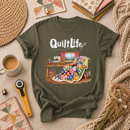 Quilt Life Cozy Sewing Machine Patchwork T-Shirt - Military Green