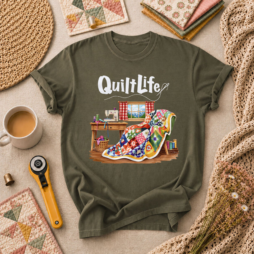 Quilt Life Cozy Sewing Machine Patchwork T-Shirt - Military Green