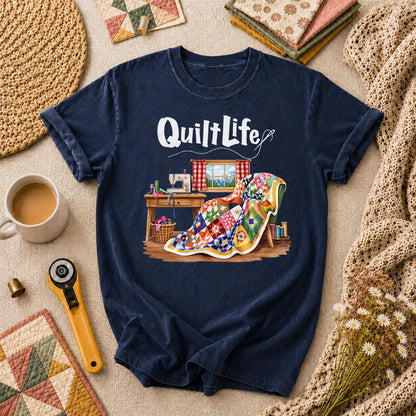 Quilt Life Cozy Sewing Machine Patchwork T-Shirt - Navy