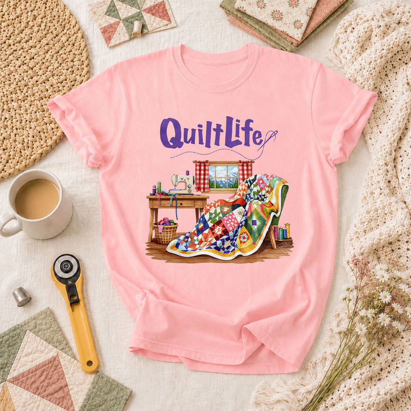 Quilt Life Cozy Sewing Machine Patchwork T-Shirt - Pink