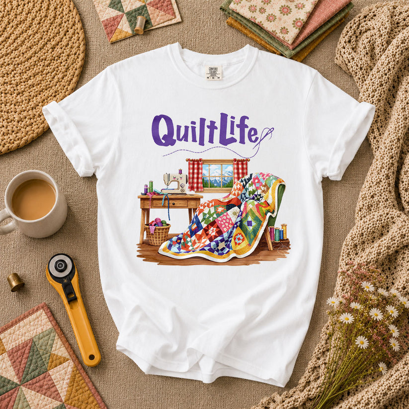 Quilt Life Cozy Sewing Machine Patchwork T-Shirt - White