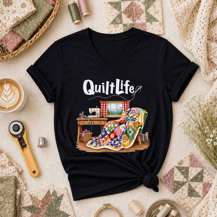 Quilt Life Cozy Sewing Machine Patchwork Women's V-Neck - Black